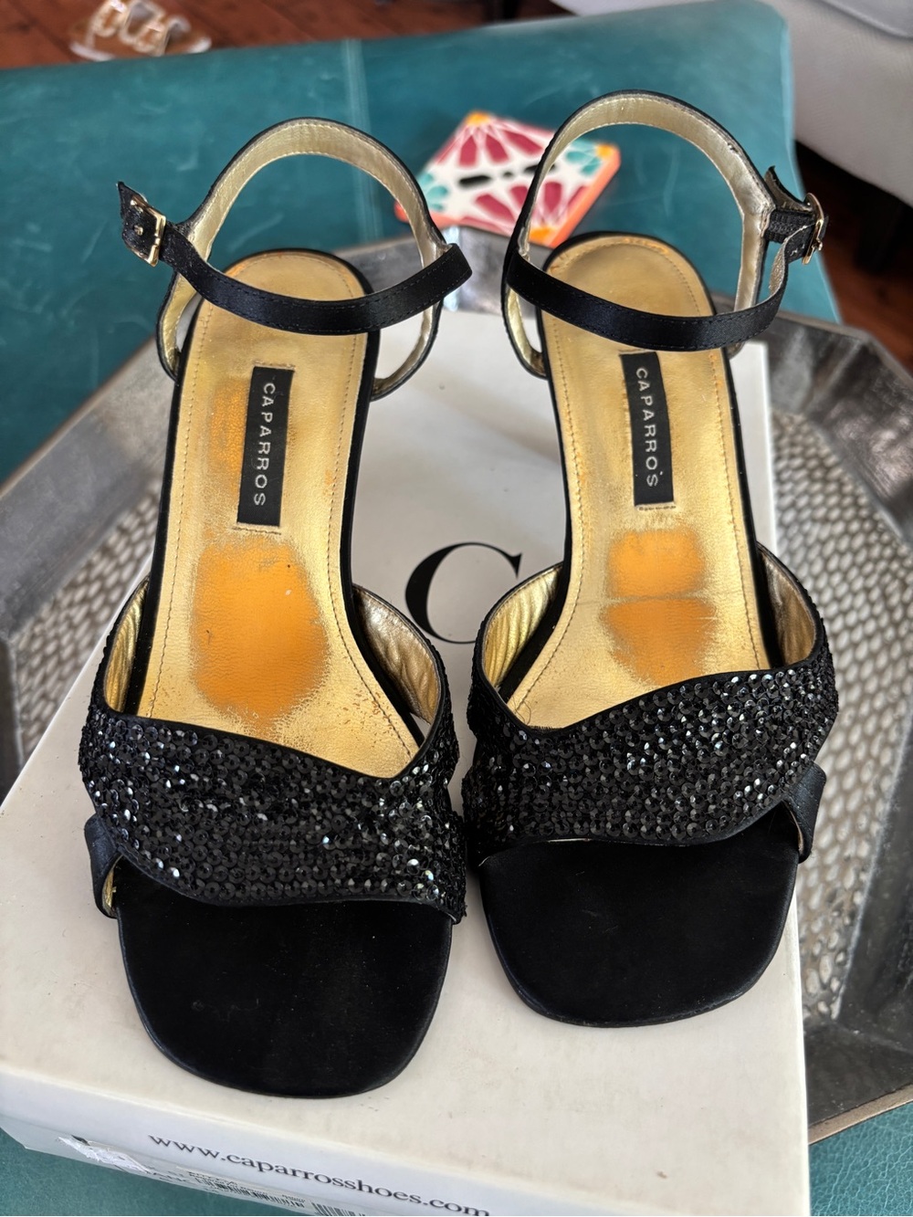 Vintage Caparros Black Sequin Evening Sandals Heels Sz 5B - Picture 7 of 10